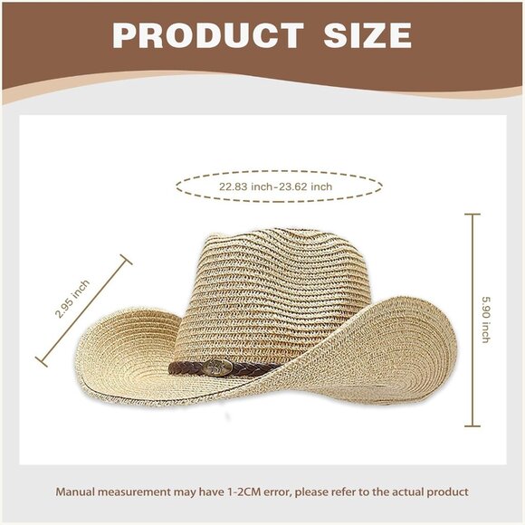 Straw Cowboy Hat Unisex Wide Brim Cowgirl Beach Sun Hat Holiday - Picture 2 of 6